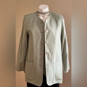 Talbots Pistachio Green Vest/Jacket Set Pearl Color Buttons Floral Design Sz 8P.